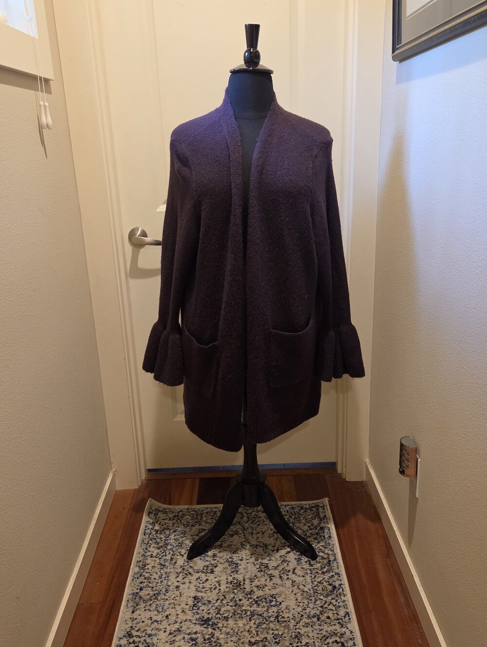 Ava & Viv Women's Open-Front Purple Cardigan with Pocket and Ruffle Cuffs